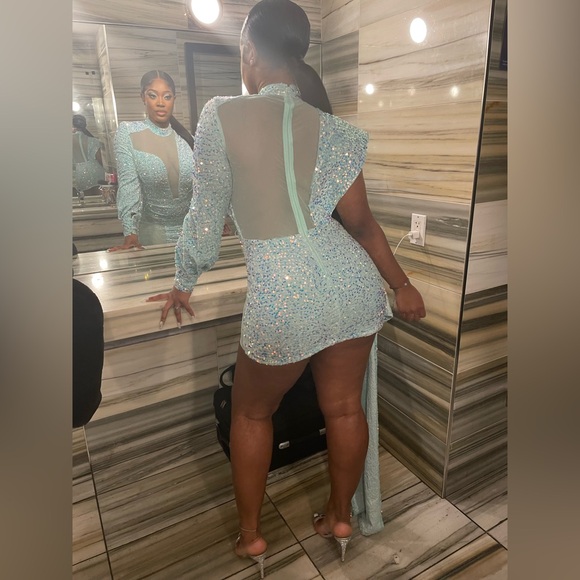 Light Blue sequined one shoulder mesh back shirt “Princess Treatment”Event Dress - Picture 4 of 4